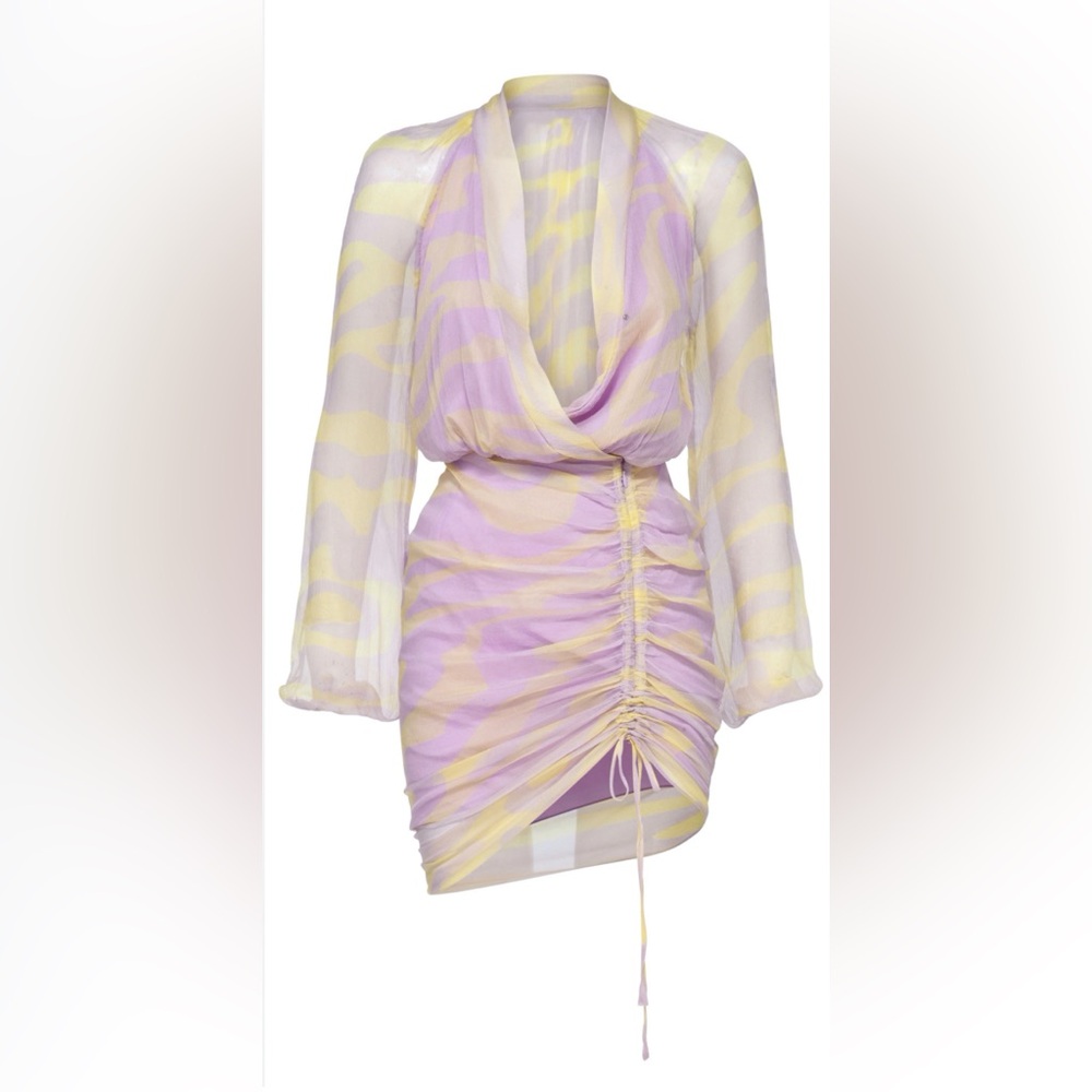 Elegant Sheer Purple and Yellow Ruched Dress